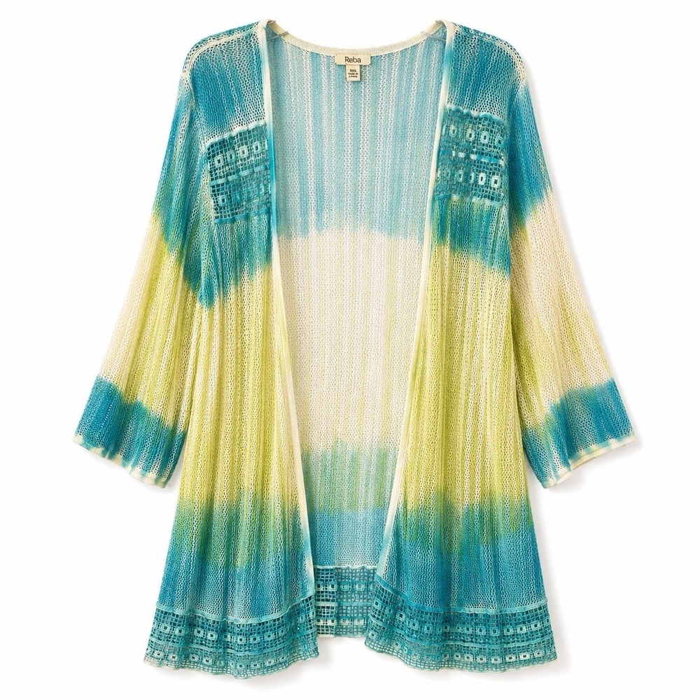 Reba Open Front Cardigan Duster Cover Up Tie Dye Open Knit Green Open Front L